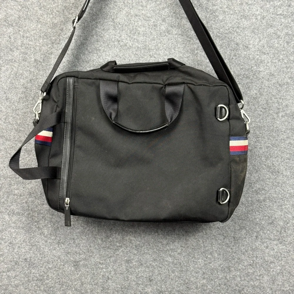 Tommy Hilfiger Mens Black Canvas‎ Messenger Bag Laptop Crossbody Stripe Accent